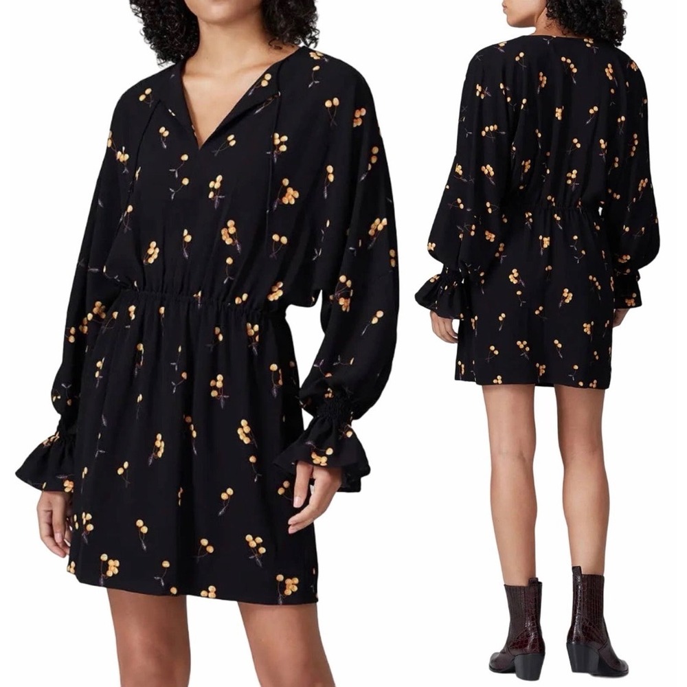 Baum und Pferdgarten Black Floral Organic Cotton Mini Dress V-Neck Tiered 36/S